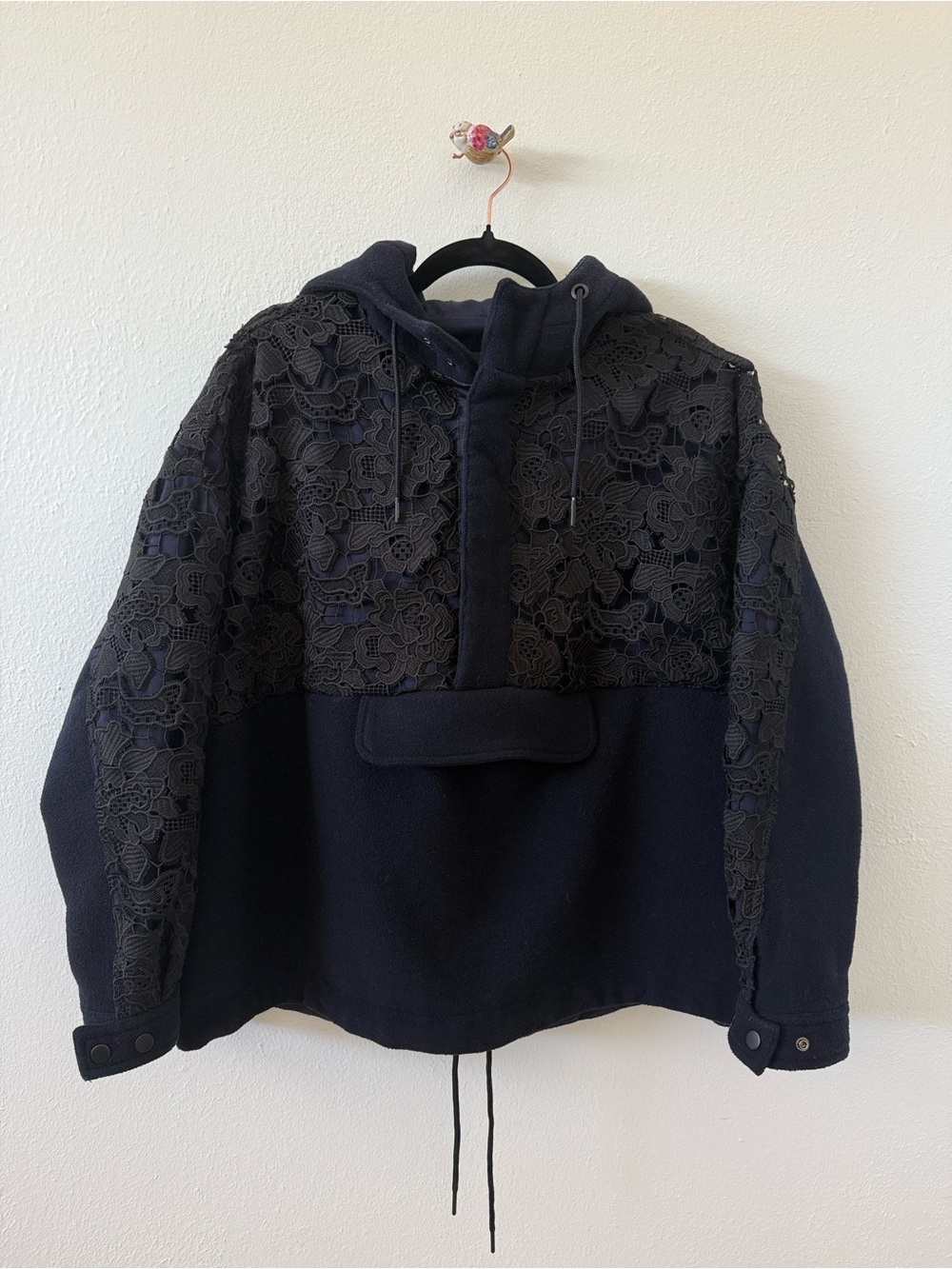 Scotch & Soda Navy Lace-Overlay Hooded Bomber Jacket